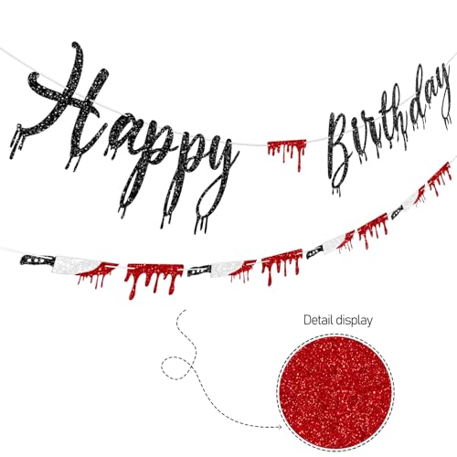 Halloween Birthday Banner Set with Glitter Knife & Blood Drop Garland - Spooky Party Decorations