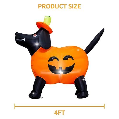 Halloween Inflatable Pumpkin Dog Decoration with LED Lights - 4FT Tall, Outdoor Indoor Yard Decor with Self-Inflating Blower