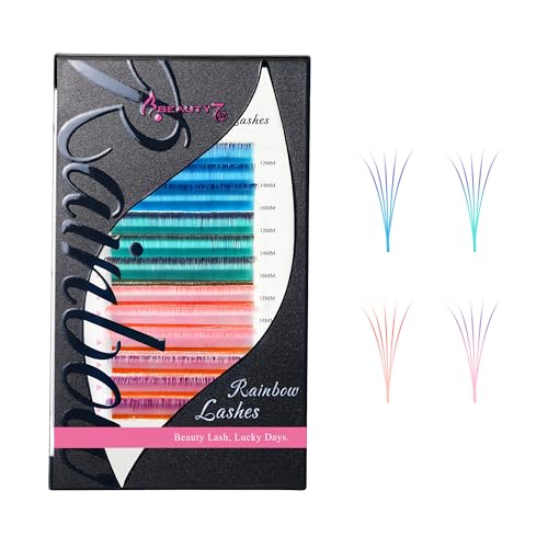 Rainbow Colored Lash Extensions Self Fanning D Curl 0.07mm Thick Mixed Length 12-16mm - Easy Fan Lashes for Eye Makeup