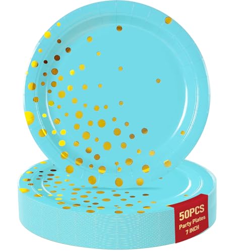Blue Gold Paper Plates for Party 7-Inch Disposables with Gold Dot Design - 50pcs Blue Light Variation