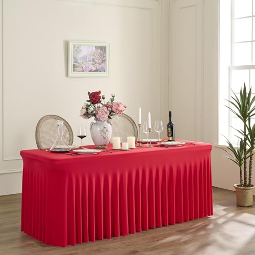Red Spandex Tablecloth 6FT Rectangle Cover with Skirt - 6 Pack, Wrinkle-Free