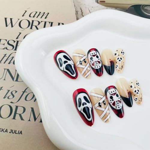 Halloween Press On Nails with Ghost Skull Design - Medium Almond Fake Nails - Variation of THIS listing