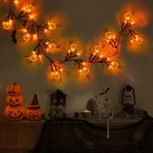 6 Ft LED Halloween Willow Vine Garland with Pumpkin Lights - Waterproof & Timer