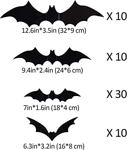 Bat-Shaped 3D Wall Decor - Reusable PVC Halloween Bats Set of 60 with 4 Sizes
