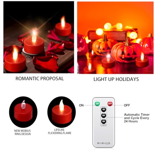 Remote Control Flameless Tea Light Candles 24 Pack - Flickering LED, Long Lasting 400+ Hours, Safe Home Decor, Red