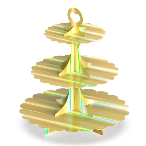 Rainbow Gold 3-Tier Cupcake Stand - Reusable Cardboard Dessert Tower for Parties & Weddings