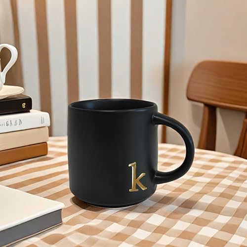 Black Ceramic Coffee Mug 15oz with Gold Monogram - Halloween Gift - Variation K