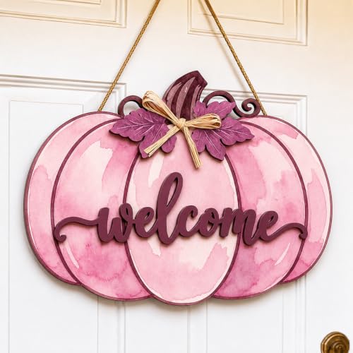 Pink Fall Pumpkin Door Hanger Wooden Welcome Sign for Home Decor - DIENGDAED