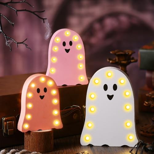 Halloween Ghost LED Table Centerpiece Set - Pink & White Wooden Decor for Home & Party
