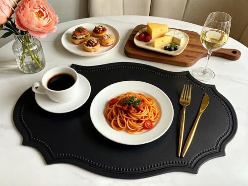 Double-Texture Faux Leather Oval Placemats Set of 6 - Black, Washable, Non-Slip & Heat Insulation