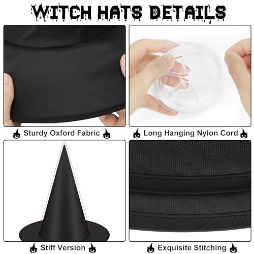 36 Pcs Halloween Witch Hats Set with 984 FT Nylon Cord - Black Decor for Ceiling Porch