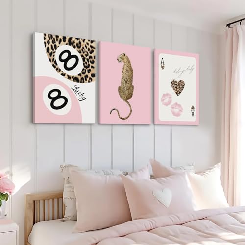 Leopard Canvas Wall Art Set - Pink Cheetah Print Bedroom Decor 16x24 Inch Wrapped Canvas - Trendy Wall Decor