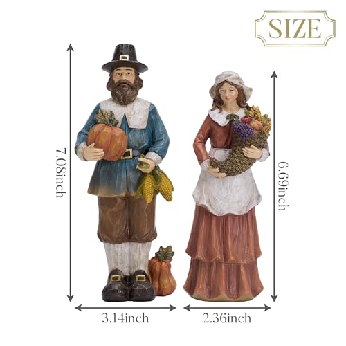 Medium Fall Decor Set - 2 Pcs Pilgrim Figurines for Indoor Outdoor Thanksgiving Autumn Harvest