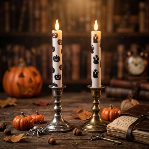Halloween Ghost & Pumpkin Taper Candles Set with Remote Timer - Flameless, Flickering & Steady Light, 2PCS