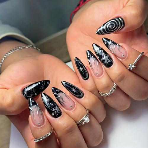 Press On Nails Black Almond Shape Galaxy Design with Silver Bead - Style-03, 30 Pieces