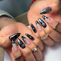 Press On Nails Black Almond Shape Galaxy Design with Silver Bead - Style-03, 30 Pieces