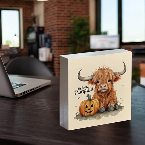 Pumpkin Western Halloween Wooden Sign - Fall Baby Highland Cow Decor, 5x5 Inch
