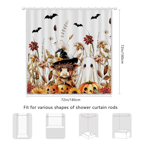 Halloween Ghost Highland Cow Shower Curtain - Colorful 72x72 Inches