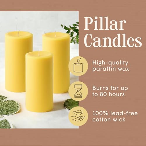 Set of 3 Unscented Yellow Pillar Candles 3x6 Inches - Handcrafted Home Decor