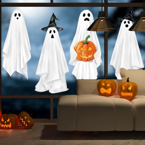 Halloween Ghost Window Clings - Extra Large 35.4 x 13.8 Inch Decals - Pack of 4 - Ghost, Witch Hat & Pumpkin Design - Reusable PVC for Home & Party Decor - Variation: Halloween
