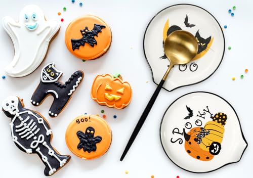 Black Cat Ceramic Spoon Rest with Yellow Pumpkin & Moon Variation, Halloween Kitchen Decor