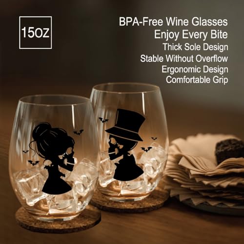 Skull Couple Wine Glasses Set of 2 - Halloween Gothic Gift Box