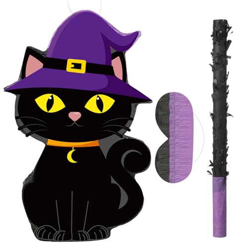 Halloween Cat Piñata with Bat Stick and Blindfold - Party Game Decor
