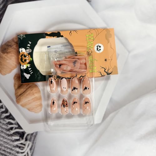 Pink Ghost Bat Halloween Almond Press On Nails - Medium Glitter Pumpkin Fake Nails with Designs