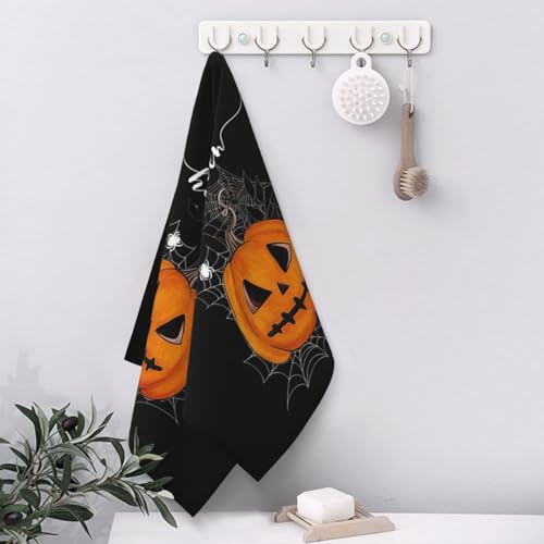 Halloween Black Pumpkin Dish Towels Set of 2 - Spider Web Hand Towels 18x26 F