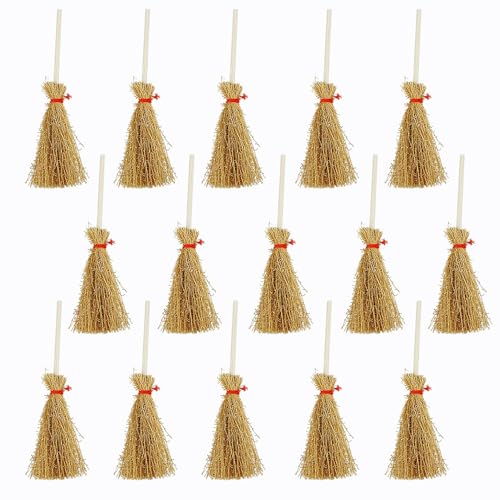 Mini Witch Brooms Set - 15 Small Straw Brooms for Halloween Decor