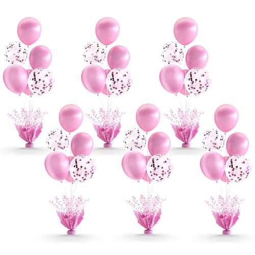 Pink Balloon Centerpiece Kit - 6 Sets Reusable Table Balloon Stands & Confetti Balloons for Birthday & Baby Shower Decorations - Pink / 6 Sets