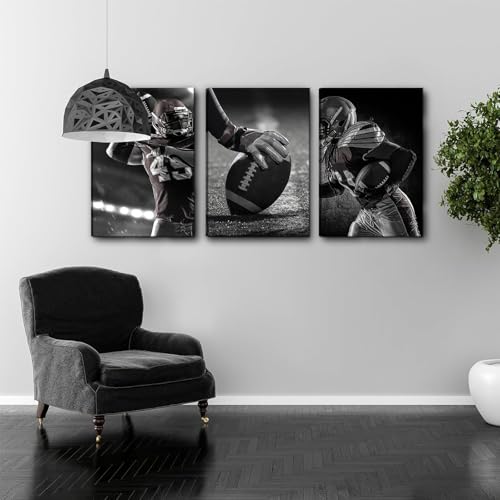 3Pcs Football Canvas Wall Art - Black and White Sports Decor, 16x12 Inches