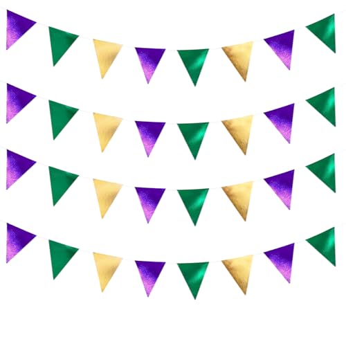 Green Purple Gold Glitter Fabric Bunting Banner - 39Ft Triangle Flags for Party Decorations
