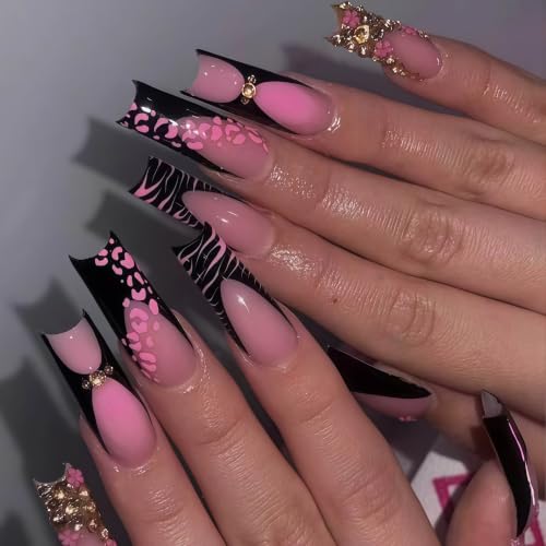 Multicolor Long Square Press-On Nails Black French Floral Fake Nails - 24pcs