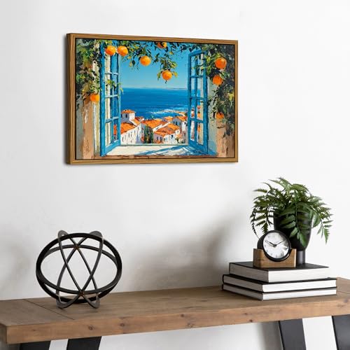 Mediterranean Wall Art Canvas - Blue Seascape & Coastal Landscape, 12x16 inches - Framed Beach Decor for Living Room & Bedroom