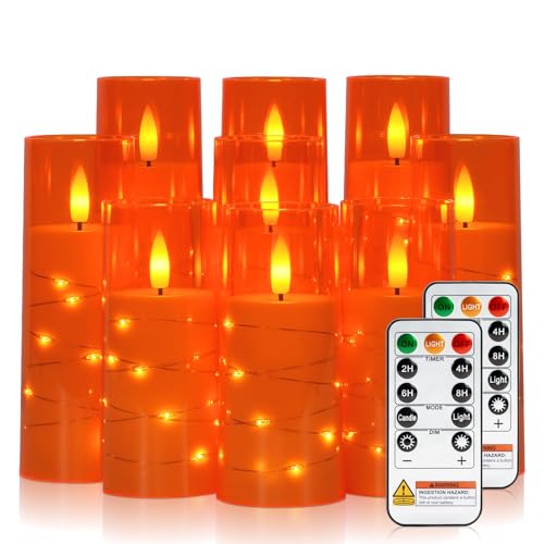 Raycare 9 Pcs Orange Flameless Candles with Remote Timer & Fairy Lights