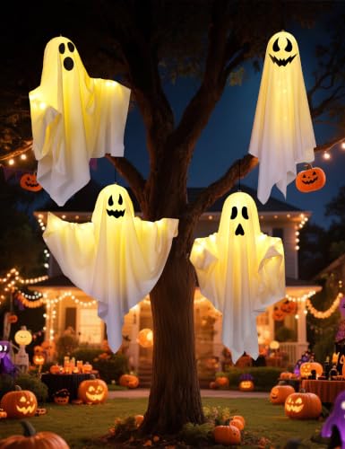 Halloween Hanging Ghost Decorations - 4 Pack Outdoor Indoor Light-Up Spooky Yard Party Decor