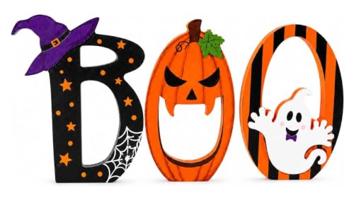 Halloween BOO Table Decorations Set - Wooden Tiered Tray Decor for Fall & Spooky Events