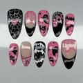 Halloween Press On Nails Set - Gothic Pink & Black Almond Fake Nails W9