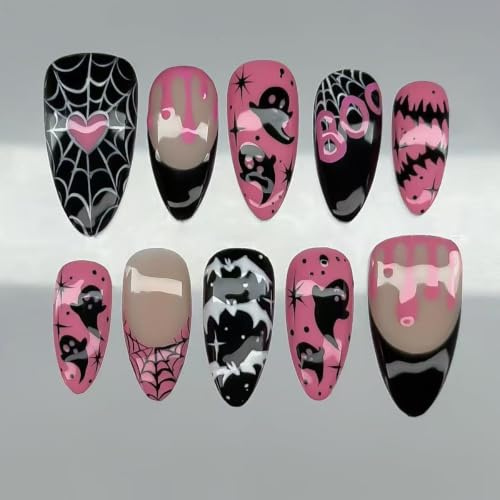 Halloween Press On Nails Set - Gothic Pink & Black Almond Fake Nails W9