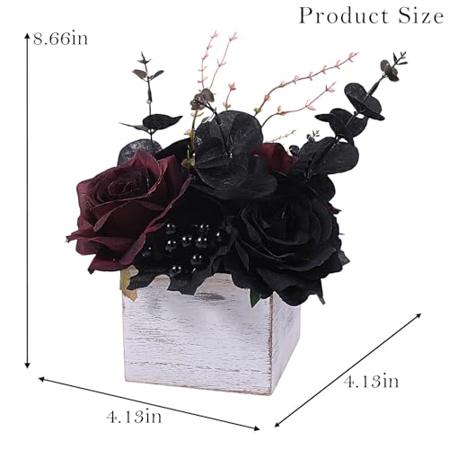 Halloween Gothic Black and Dark Red Flowers with Wooden Box - Artificial Floral Centerpiece