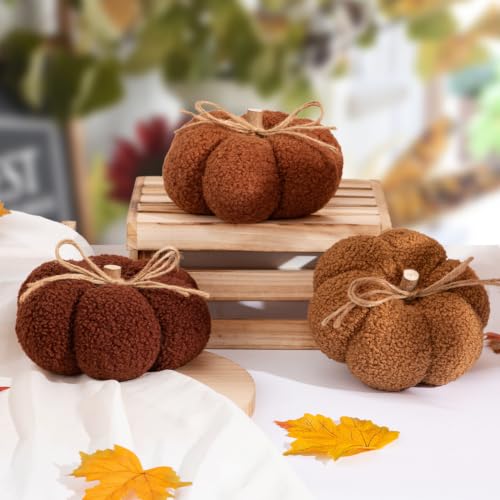 6-Inch Fall Pumpkin Decorations Set of 3 Brown Fabric Pumpkins - Rustic Home Decor