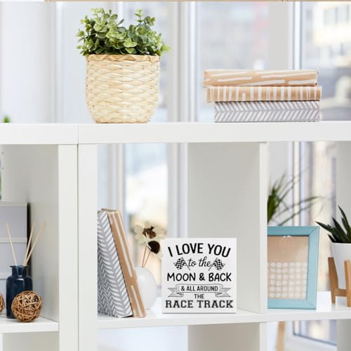 Race Track Wooden Box Sign - Desk Decor with Checkered Flags, Rustic Home Accent