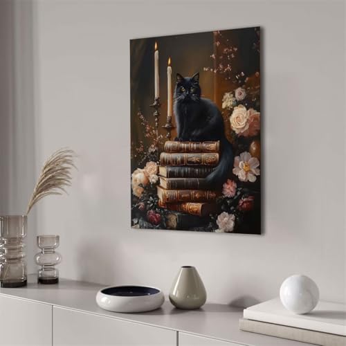 Dark Academia Wall Art Black Cat Vintage Book Floral Framed 16x12 inch