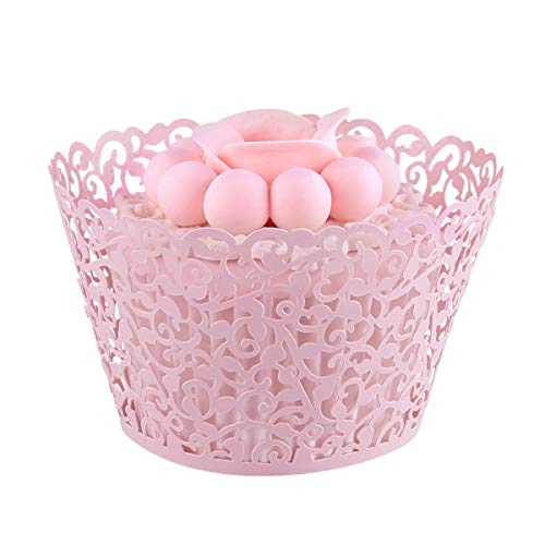 Pearl Lace Filigree Wedding Cupcake Toppers - Pink, 50 pcs