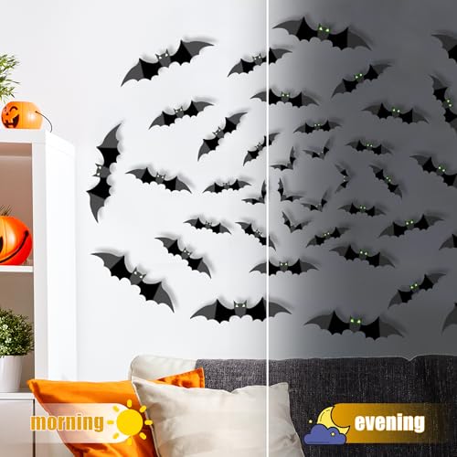 100Pcs Halloween 3D Bat Wall Decorations with Glow Eyes - Spooky Black Stickers for Indoor Decor
