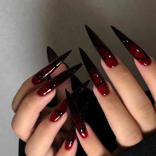 BABALAL Extra Long Stiletto Fake Nails - Vampire Blood Red & Black Gradient Gothic Halloween 30Pcs - Variation BNDa01-06