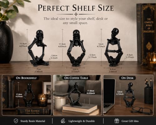 Black Skeleton Decor Set of 3 - Gothic Thinker Skeleton Figurines for Home & Halloween Decor