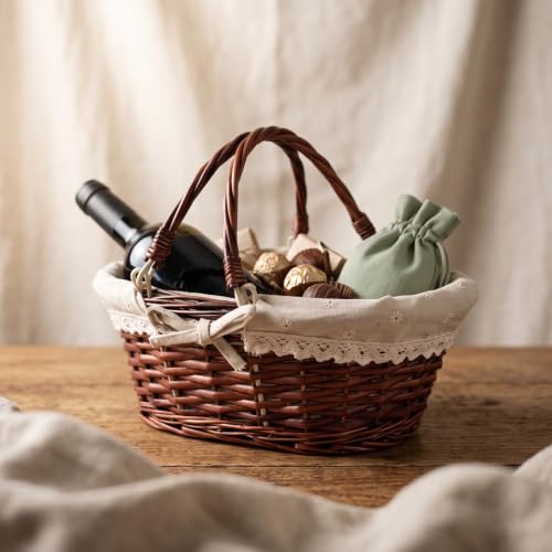14 Inch Brown Wicker Woven Basket with Linen Lining & Handles - Gift, Picnic, Wedding Decor