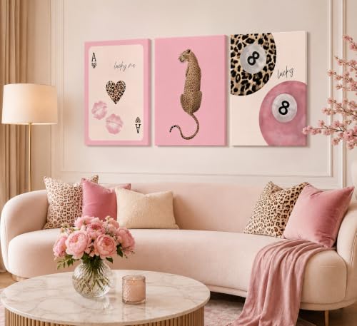 Canvas Wall Art Set of 3 - Pink Leopard, Lucky 8 & Playing Card - 24"L x 16"W - Girls Bedroom & Living Room Decor